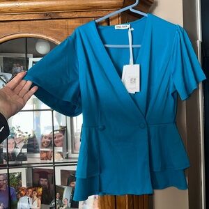 NEW NWT Grace Karin Women's Teal Blouse with Peplum Design.